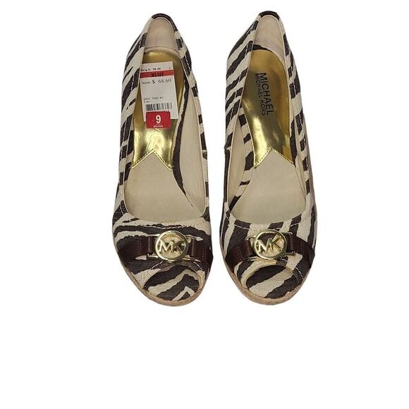 Michael Kors Brown Tan Tiger Print Espadrille Peep Toe Wedges Size 9M New In Box - Picture 2 of 12